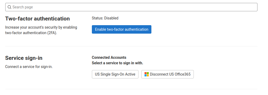 US Office365 button, saying "Disconnect" indicating it's connected.